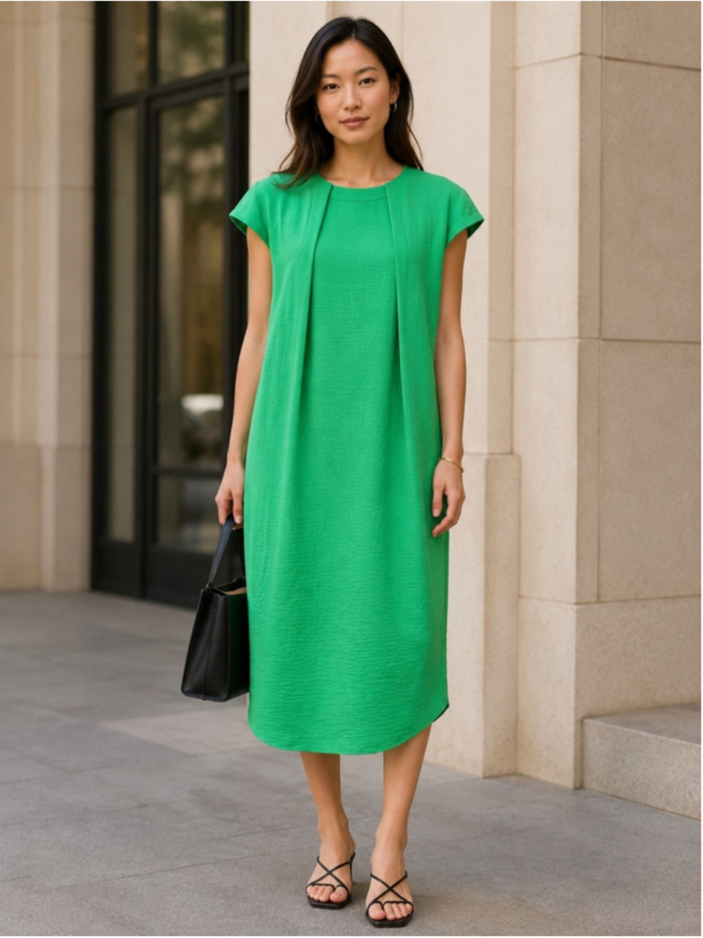 COS Dress Women’s US 6 Shift Textured Cocoon Minimalist Quiet Luxury Midi Green